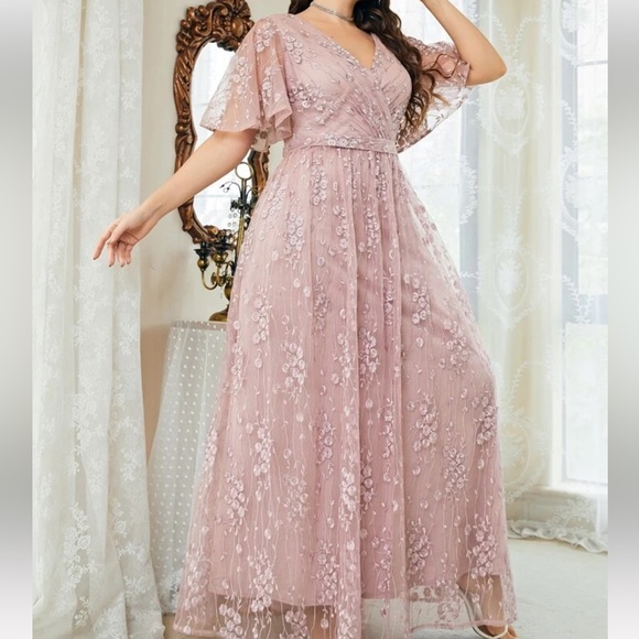 Plus Floral Embroidered Flutter Sleeve Overlap Collar Mesh Bridesmaid Dress NWT - Picture 6 of 6